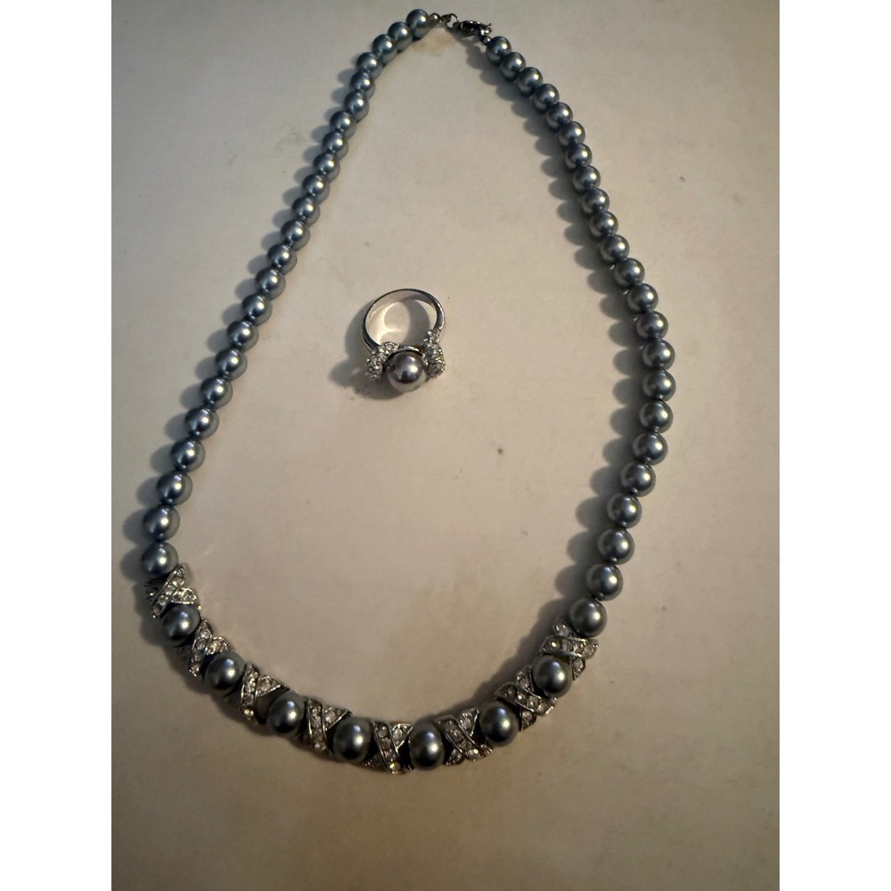Gray Faux Pearl Rhinestone Necklace and Ring Set Silver Tone Formal Jewelry